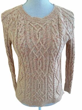 Talbots Cable Knit Cream/Coral/Yellow Heather Cotton Crewneck Sweater P